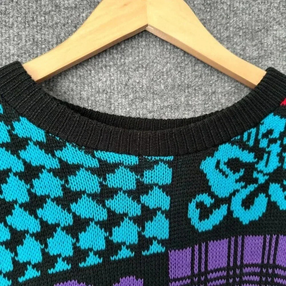 Vintage 80s Patchwork Sweater Womens M/L Colorful Relaxed Long Knit Pullover Top - Picture 7 of 15